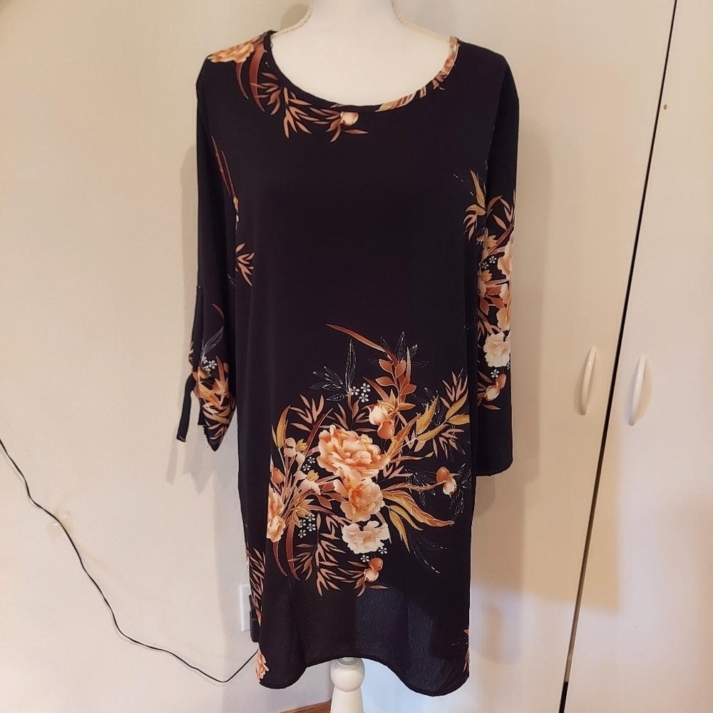 Floral black/brown womans dress US size XL 3/4 sleeve all seasons Like new gift - Picture 2 of 5